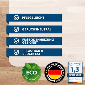 Karat Bodenschutzmatte für Hartböden: Halbtransparent, 90x120cm, mit Hinweisen zu Eigenschaften und Prüfsiegeln.