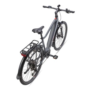 Graues Telefunken SUV E-Bike mit 29 Zoll Reifen, Gepäckträger und Mittelmotor.