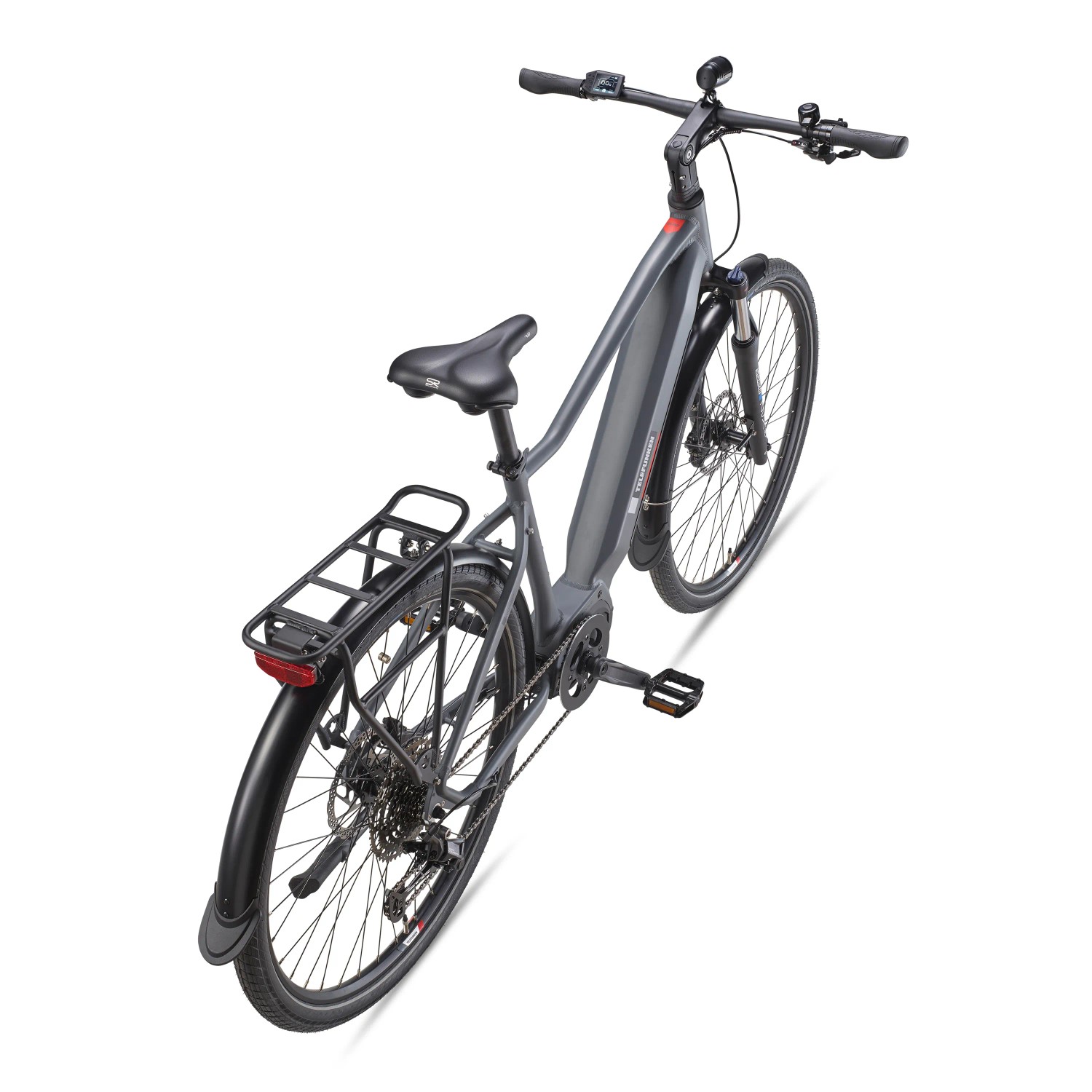 Graues Telefunken SUV E-Bike mit 29 Zoll Reifen, Gepäckträger und Mittelmotor.