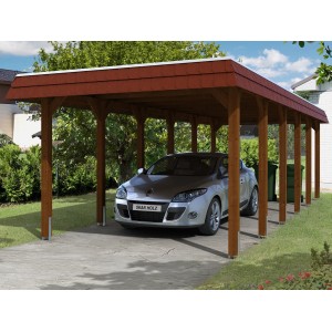 Skan Holz Carport Spreewald, Nussbaum mit roter Blende, mit Auto. Einzelcarport aus Holz mit Aluminiumdach.