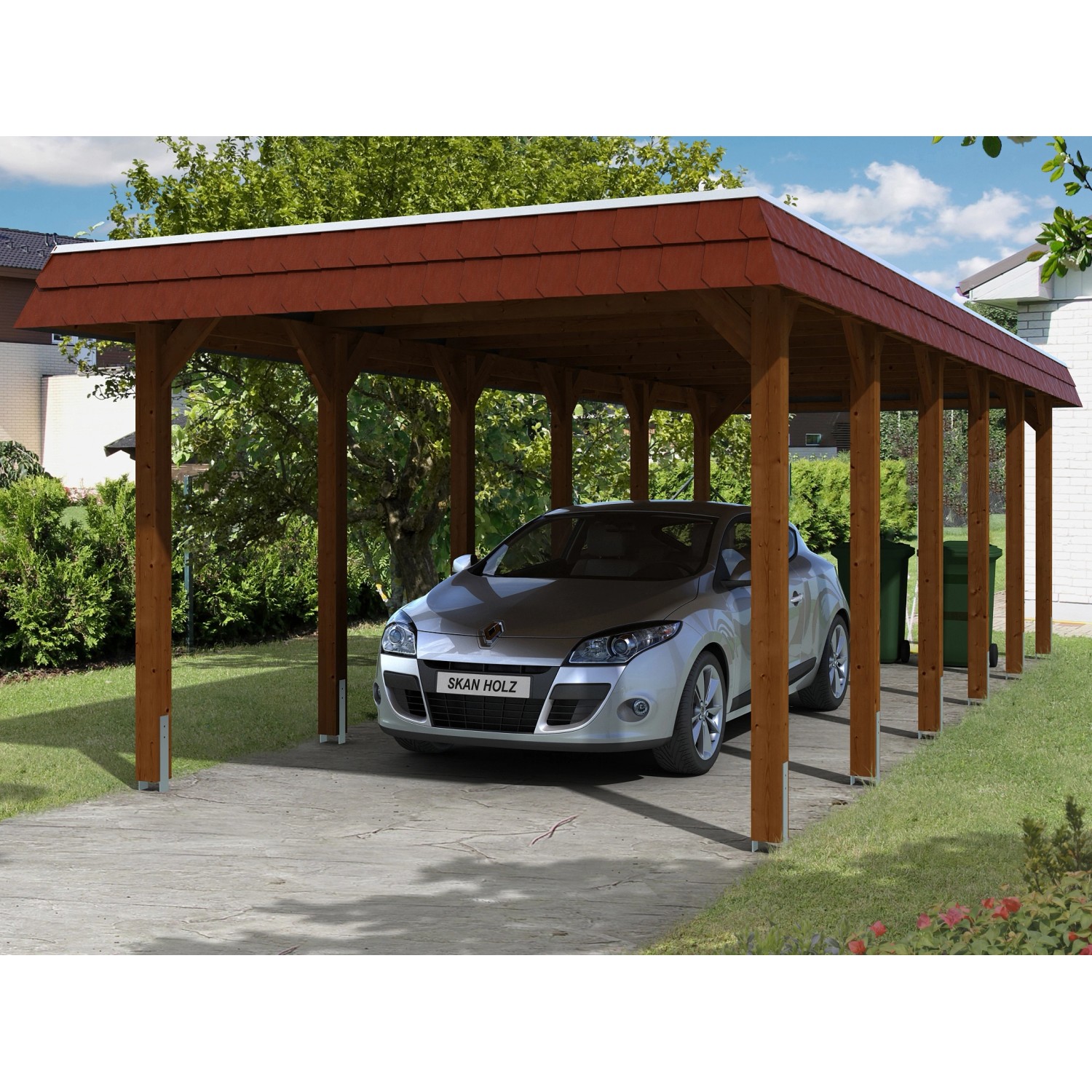 Skan Holz Carport Spreewald 345 cm x 893 cm rote Blende Nussbaum günstig online kaufen