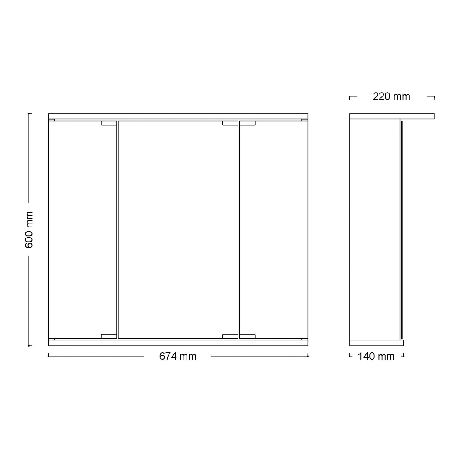 Maße des Jokey Spiegelschranks Doro 67x60 cm mit LED-Beleuchtung in Weiß als technische Zeichnung.