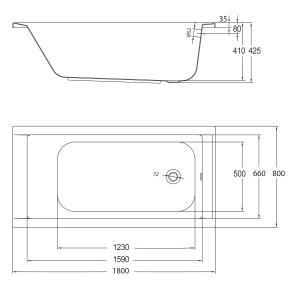 Technische Zeichnung der weißen Ottofond Körperform-Badewanne Costa, 180 cm, mit Maßangaben.