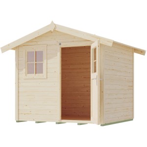 Naturbelassenes Holz-Gartenhaus 123 mit Satteldach, offener Tür und Fenster. Ideal als Gerätehaus oder Hobbyraum.