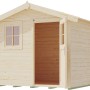 Naturbelassenes Holz-Gartenhaus 123 mit Satteldach, offener Tür und Fenster. Ideal als Gerätehaus oder Hobbyraum.