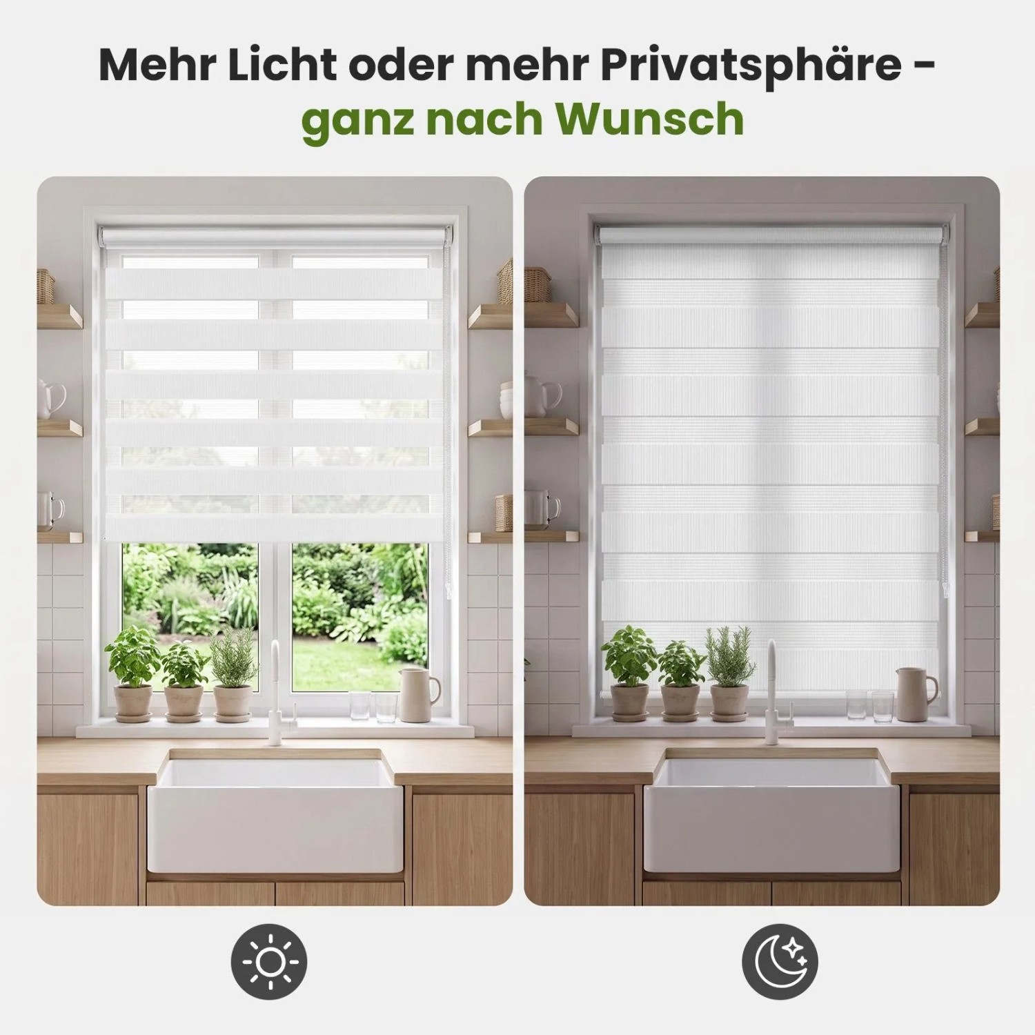 Weißes SALCAR Doppelrollo am Fenster, zeigt flexible Licht- und Sichtschutzregulierung in Tag- und Nachtfunktion. Ideal für Fenstervorhänge.