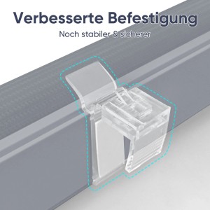 Detailaufnahme der Klemmhalterung eines dunkelgrauen Sekey Doppelrollos.