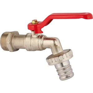 Kugelauslaufventil mit Schlauchverschraubung, 26,4 mm (R 3/4), matt verchromt, mit rotem Hebel.