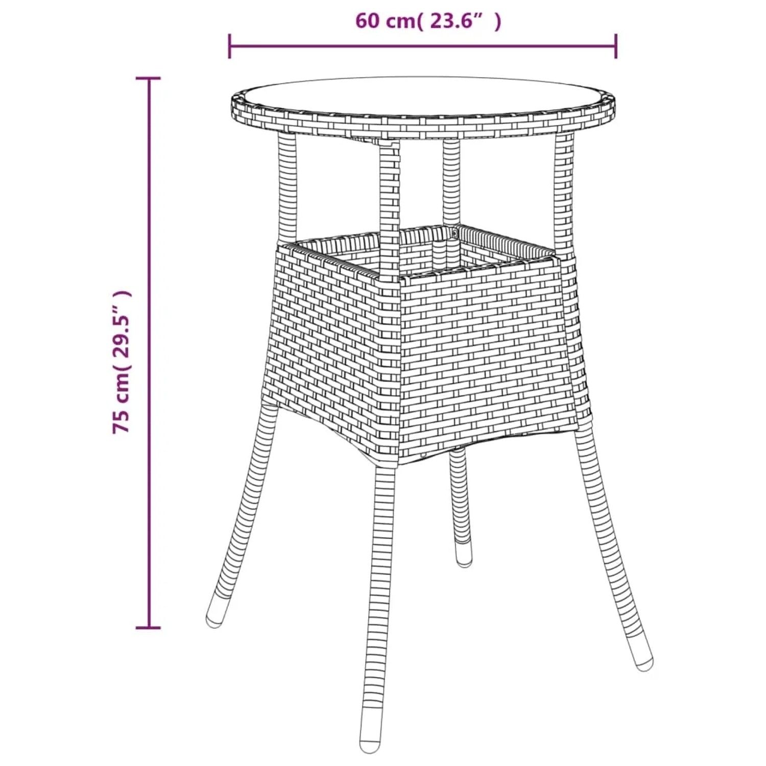 Skizze: Grauer Rattan Bistrotisch, Teil des 5-tlg. Gartenmöbel-Sets.