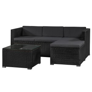Schwarze Polyrattan Lounge Punta Cana M mit dunkelgrauen Bezügen, bestehend aus Sofa, Hocker und Tisch.