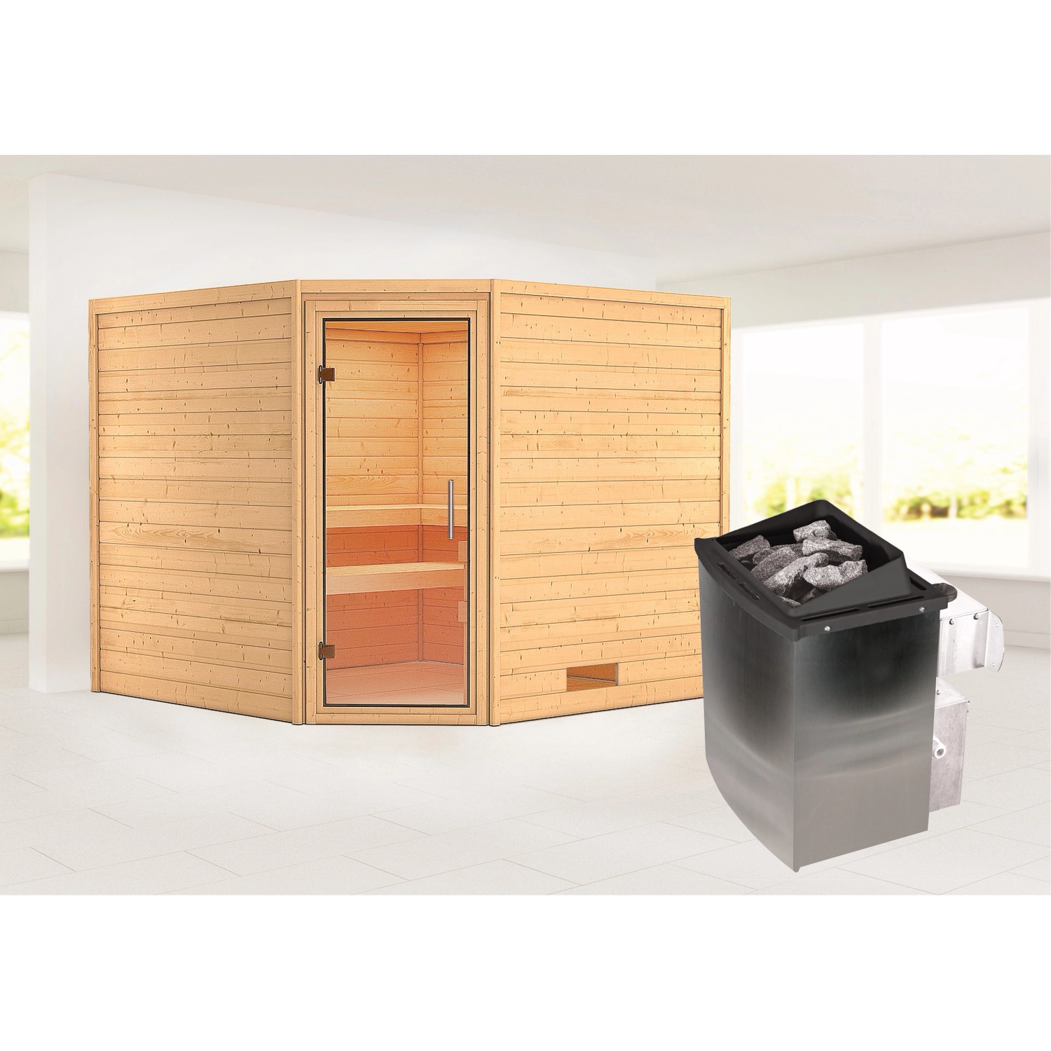 Karibu Sauna Leona 2 mit Ofen intergrierte Stg.Natur günstig online kaufen