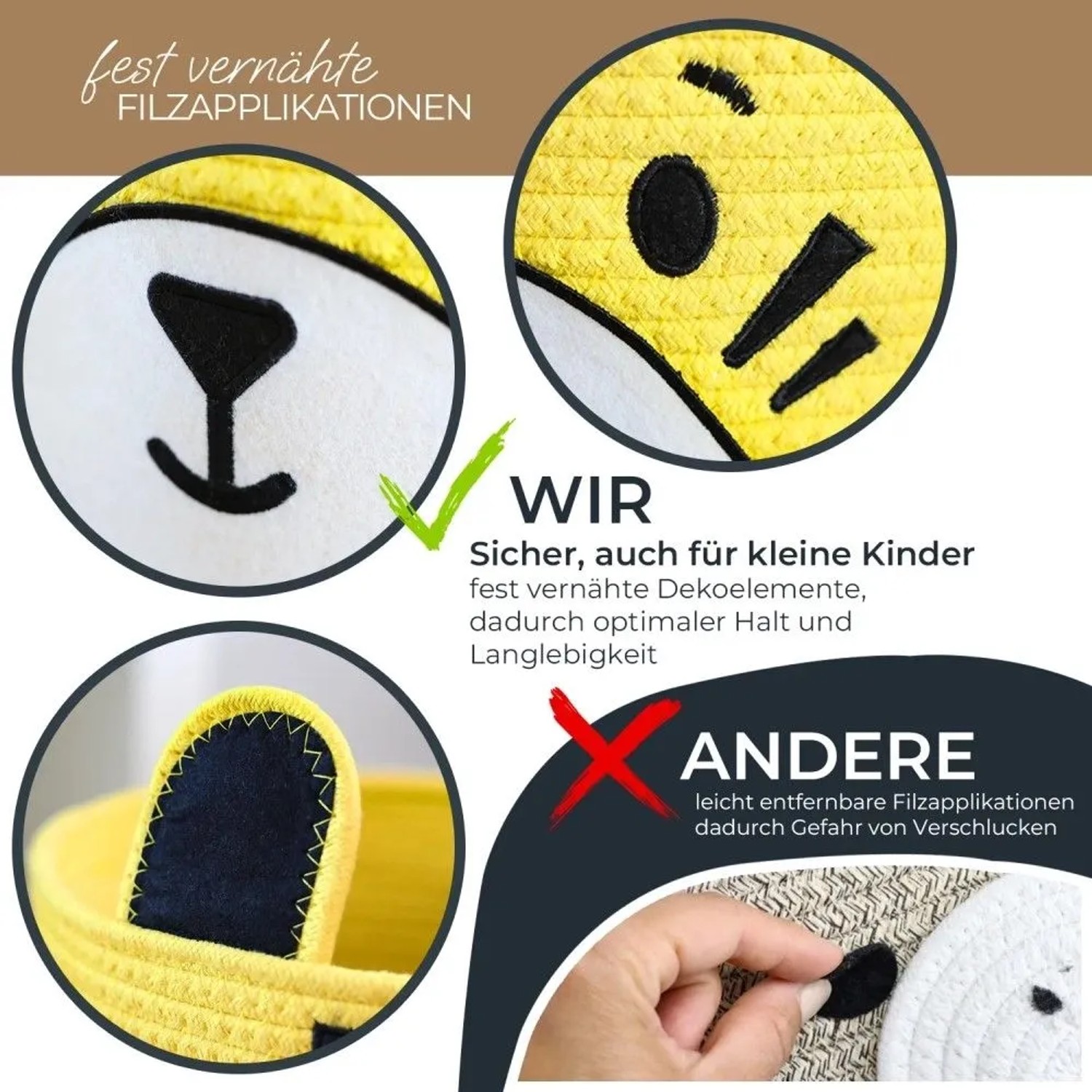 HMF 39022-TIG Aufbewahrungskorb Versteckten Griffen 3er Set Korb Kinderzimmer Baumwolle Tiger Großtel Klein