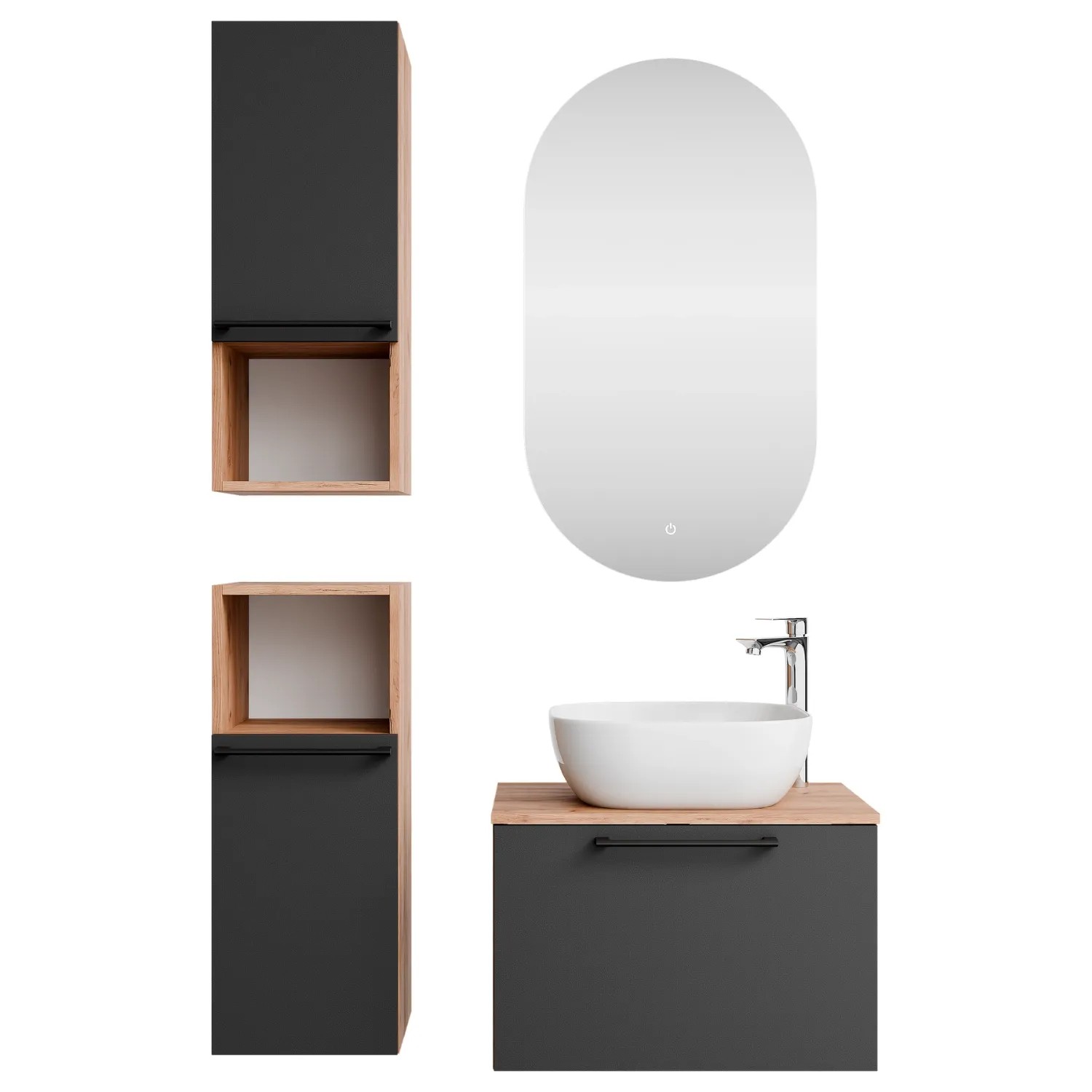Planetmöbel ASTRA Badmöbel Set 60 cm mit Aufsatzwaschbecken 42,5 cm Weiß LED Spiegel 2 Midischränke Soft Close