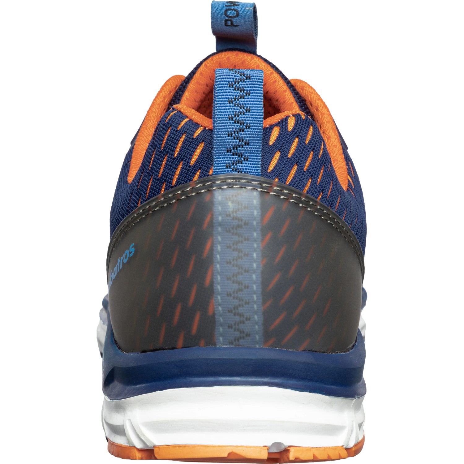 Albatros AER55 Sicherheitshalbschuh in Blau-Orange, Größe 39, Rückansicht. Arbeitsschuhe mit guter Dämpfung.