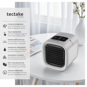 Kompakter Tectake Frosty Luftkühler in Grau-Weiß auf Tisch. Mit LED-Beleuchtung, Touch-Bedienfeld und Wassertank für Kühlung.