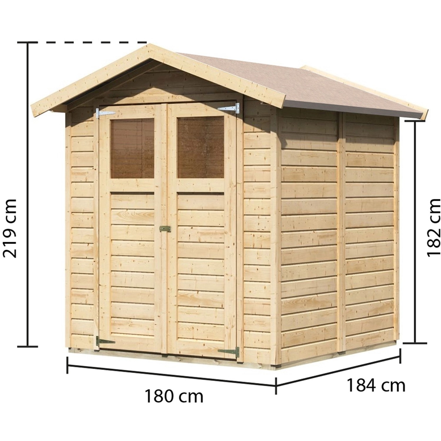 Karibu Holz-Gartenhaus, unbehandelt, 177x181cm. Gartenlaube mit Doppeltür und Maßen.