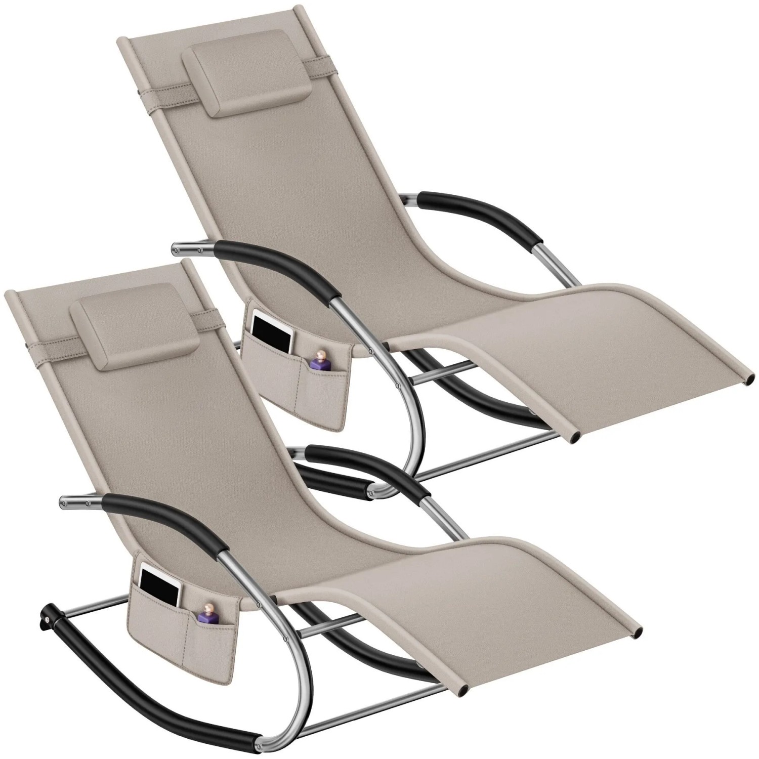 Tectake Gartenliege Taya Ergonomisch  Mit Komfort Schwingbewegung Geschwungene Armlehnen Mit Schaumstoffpolsterung 2Er Set 142 x 62 x 92 cm Beige
