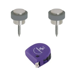 vasalat Set: Zwei Edelstahl-Bodentürstopper mit grauem Gummipuffer und lila Rollmeter. Türzubehör.