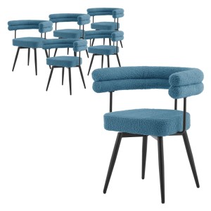 6er Set blaue, drehbare Esszimmerstühle mit Teddy-Stoff und schwarzem Metallgestell.