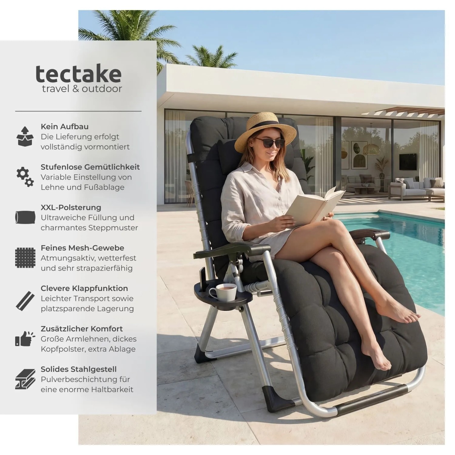 Schwarze Tectake Gartenliege Cloud, klappbar, verstellbar, mit Polsterung. Frau entspannt am Pool mit Ablagetisch.