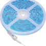 Aufgerolltes LED-Flexband RGB 10m mit blauen Lichteffekten auf einer Spule mit Anschlusskabel.