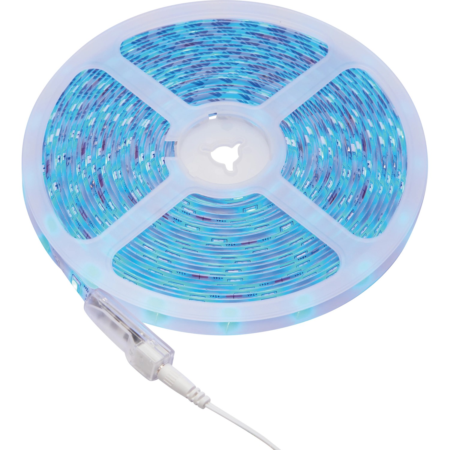 Aufgerolltes LED-Flexband RGB 10m mit blauen Lichteffekten auf einer Spule mit Anschlusskabel.
