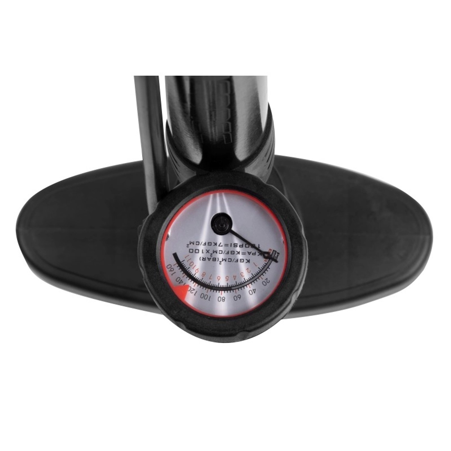 Detailaufnahme: Force Stahl Standpumpe Tourist mit Manometer, bis 11 Bar.