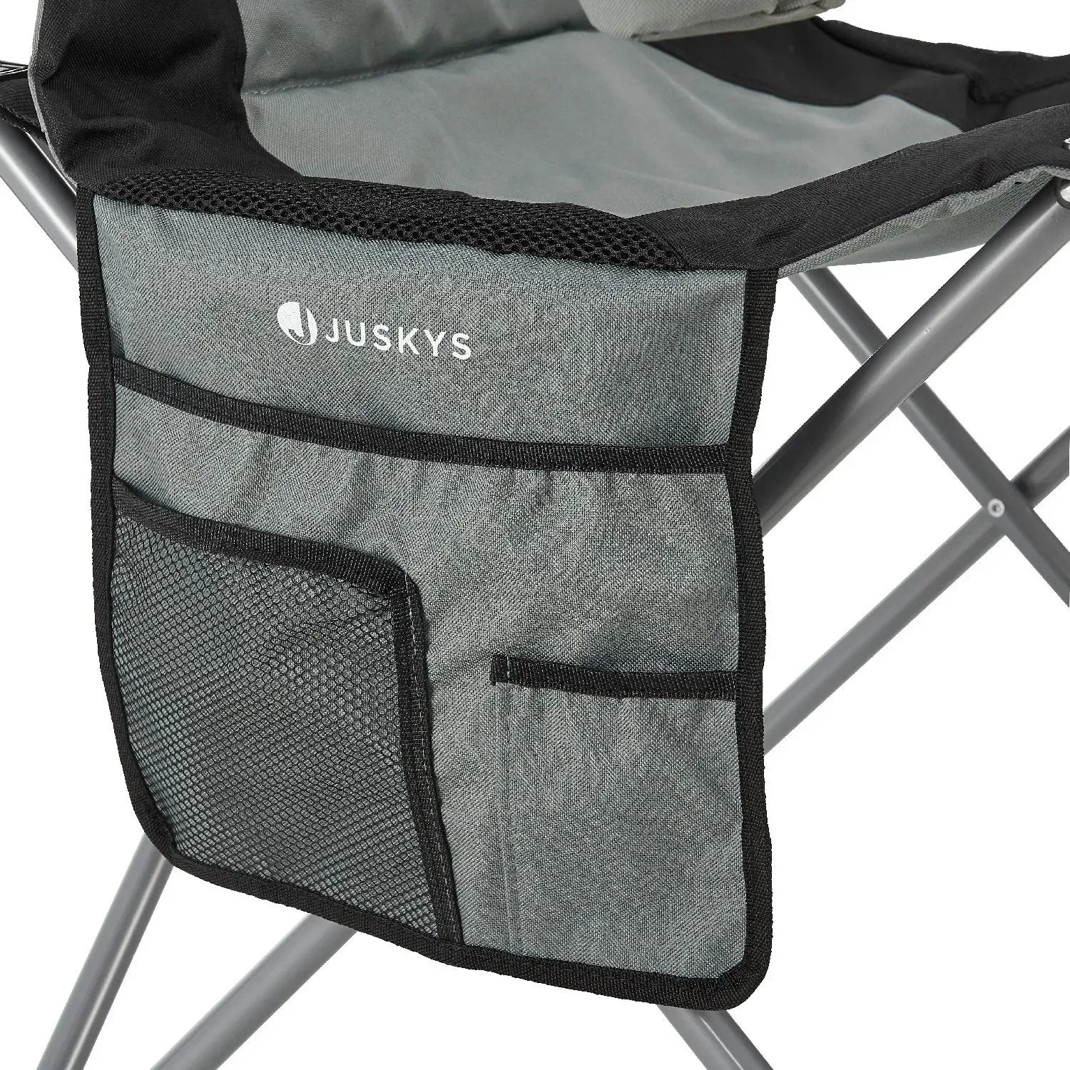 Detailaufnahme: Grauer Juskys Campingstuhl Lido mit Seitentasche und Netzfach.