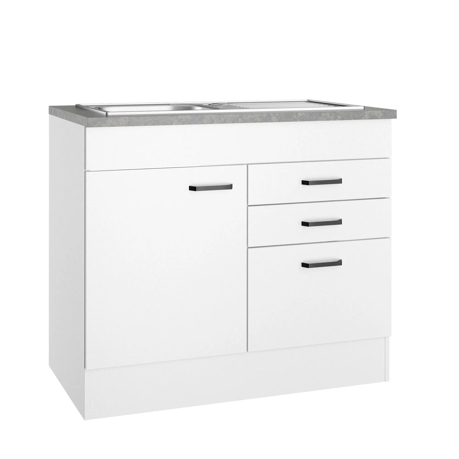 Weißer OPTIFIT Spülenunterschrank Bonn214 mit Spüle, Schubladen und grauer Arbeitsplatte.