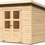 Karibu Gartenhaus Neuenburg 4 aus naturbelassenem Holz mit Doppeltür und Pultdach.