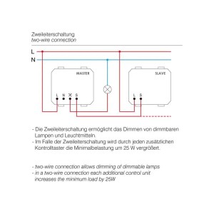 Schaltplan für TEM MODUL PLUS LED Dimmer SLAVE UP. Zeigt Zweileiterschaltung von Master und Slave.
