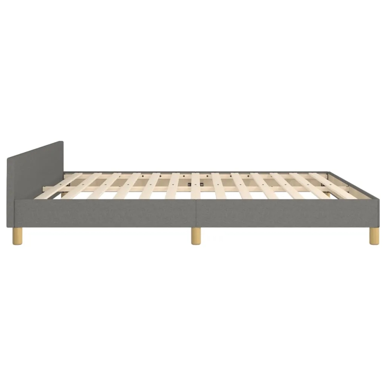 Dunkelgraues Stoff-Bettgestell mit Kopfteil, 160x200 cm. Bett mit Holzlattenrost und hellen Holzfüßen.