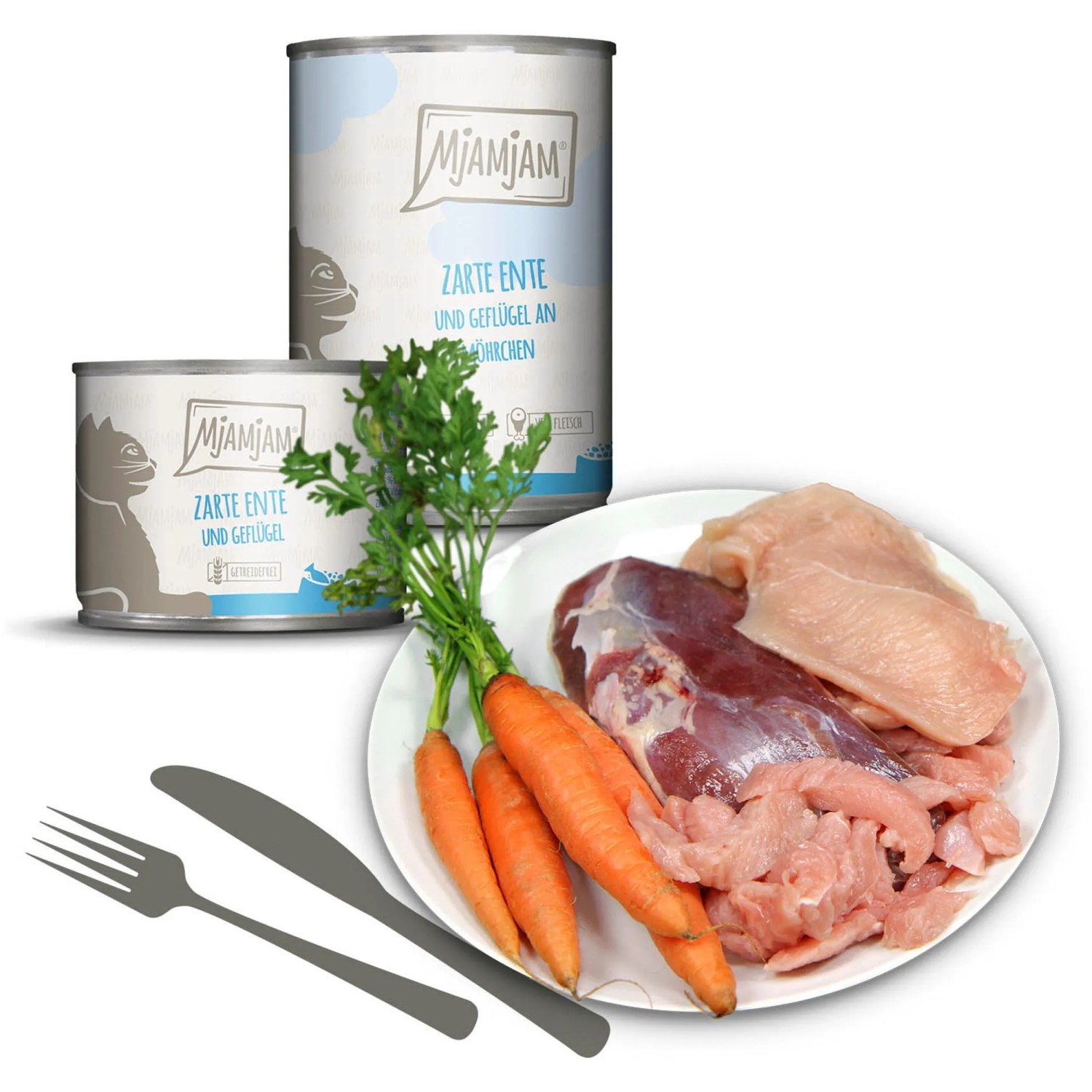 Mjamjam Katzen-Nassfutter Zarte Ente & Geflügel mit Möhrchen, Dosen und Teller mit Zutaten.