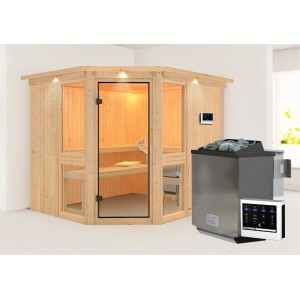 Karibu Sauna Anina 3 mit Bio-Ofen, LED-Dachkranz, naturbelassene Fichte, Glastür.
