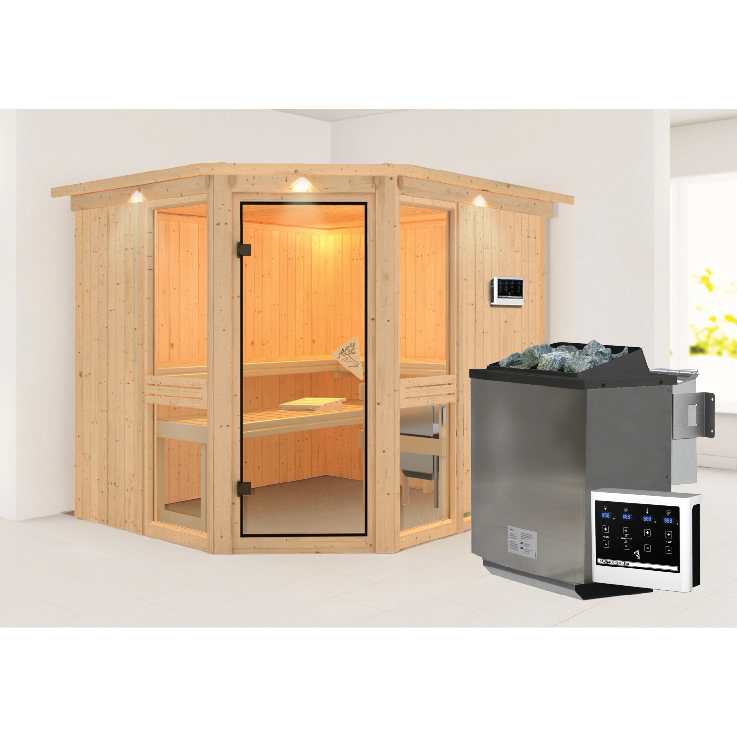 Karibu Sauna Anina 3 mit Bio-Ofen externe Stg.LED-Dachkranz Natur
