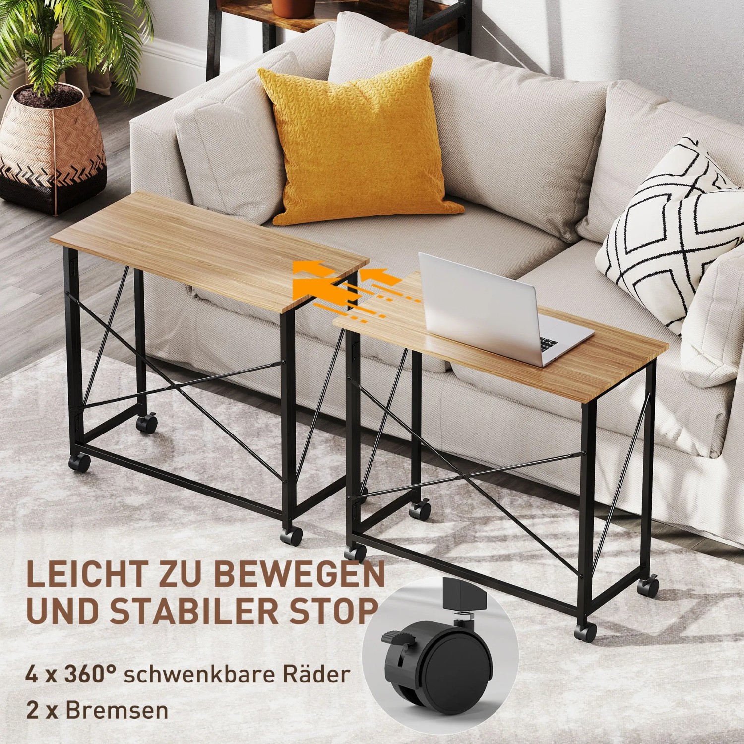 Klappbarer Schreibtisch in Eiche mit Rollen für Homeoffice oder Wohnzimmer.