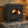 Plamen Gusskaminofen Tena mit Herdplatte, 9,5 kW, aus Gusseisen mit Feuer im Brennraum.