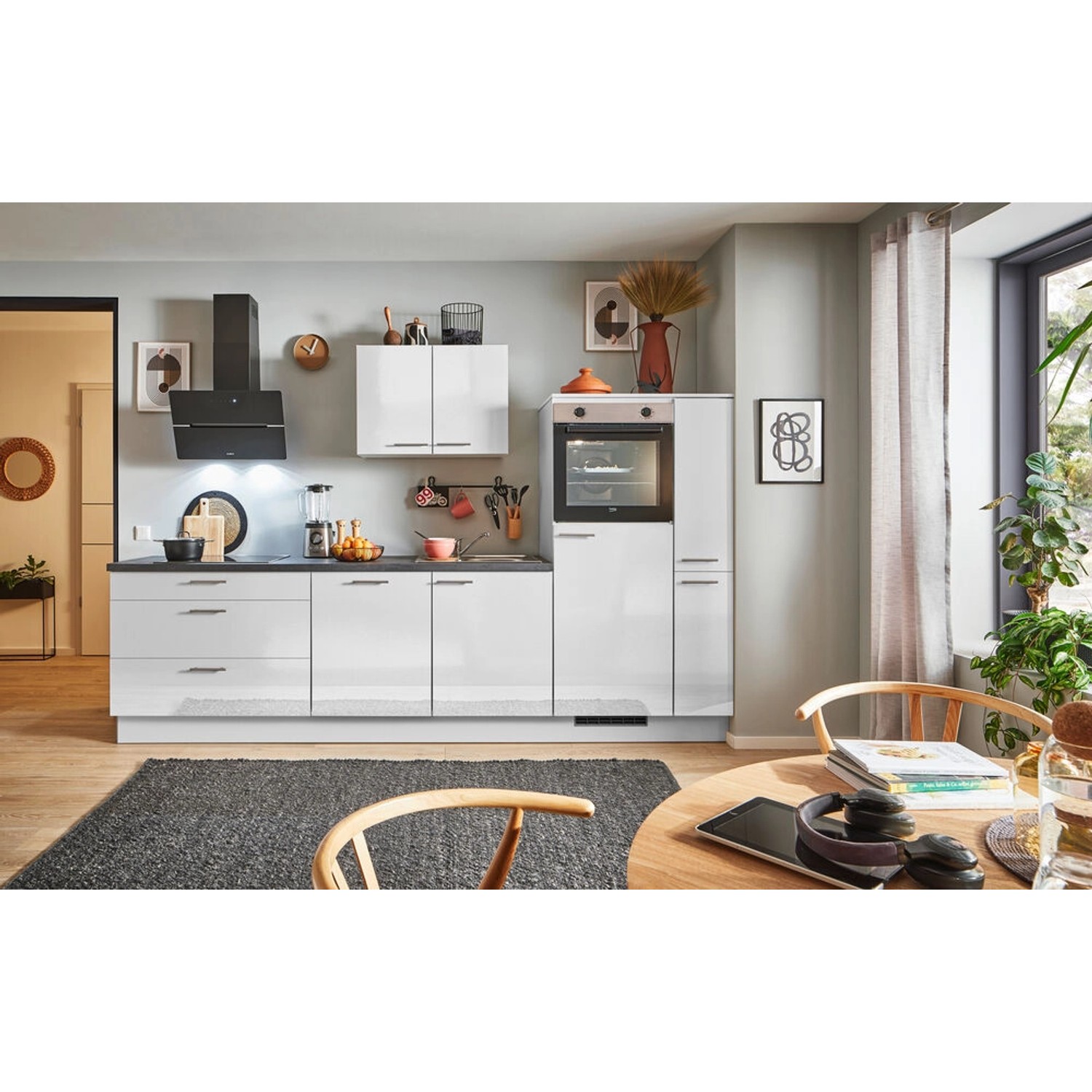 pino Küchenzeile 310cm Lichtgrau Hochglanz Anschlag R 1 Geräte-. 1 Seitenschrank