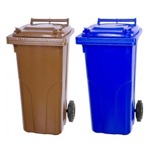 PROREGAL Mülltonnen-Set: 2 Mülltonnen (120L) in Braun und Blau aus HDPE-Kunststoff mit Rädern.