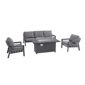 Bizzotto Loungegruppe Hendrix, anthrazitfarben, mit Sofa, Sesseln und Tisch mit integriertem Feuerkorb.