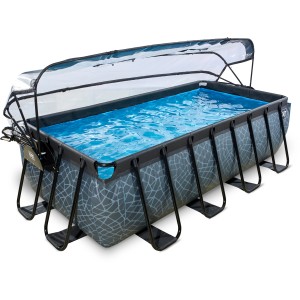 Rechteckiger grauer EXIT Stone Pool 400x200x100cm mit Abdeckung und Wärmepumpe.