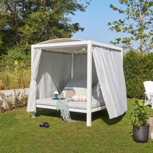 Home Deluxe Gartenliege Lyon mit Pavillon, weiß/grau, für 2 Personen mit Vorhängen.