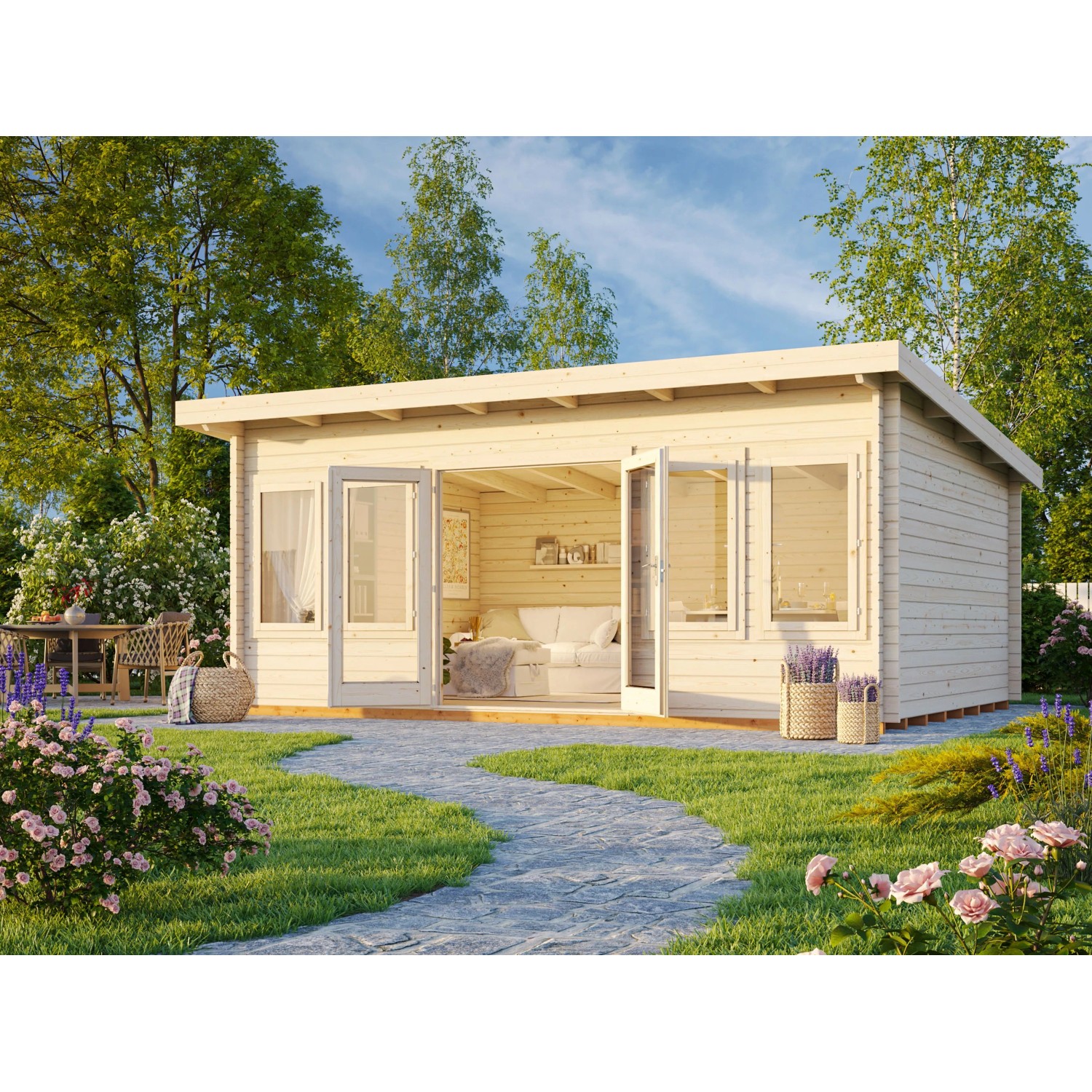 Palmako Lisa Holz-Gartenhaus Natur Pultdach Tauchgrundiert 530 cm x 380 cm