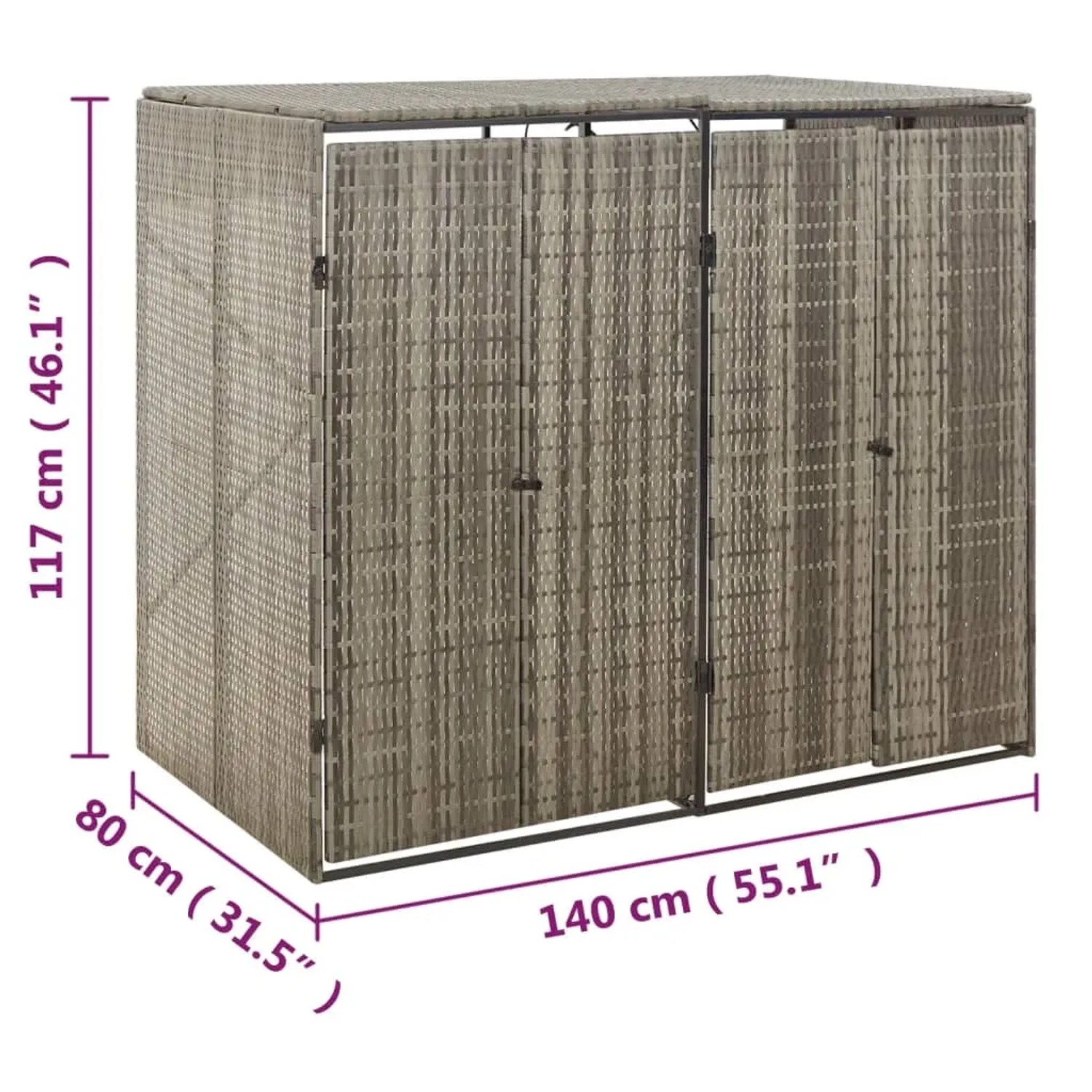 Graue vidaXL Mülltonnenbox für 2 Tonnen aus Poly Rattan, 140x80x117 cm.