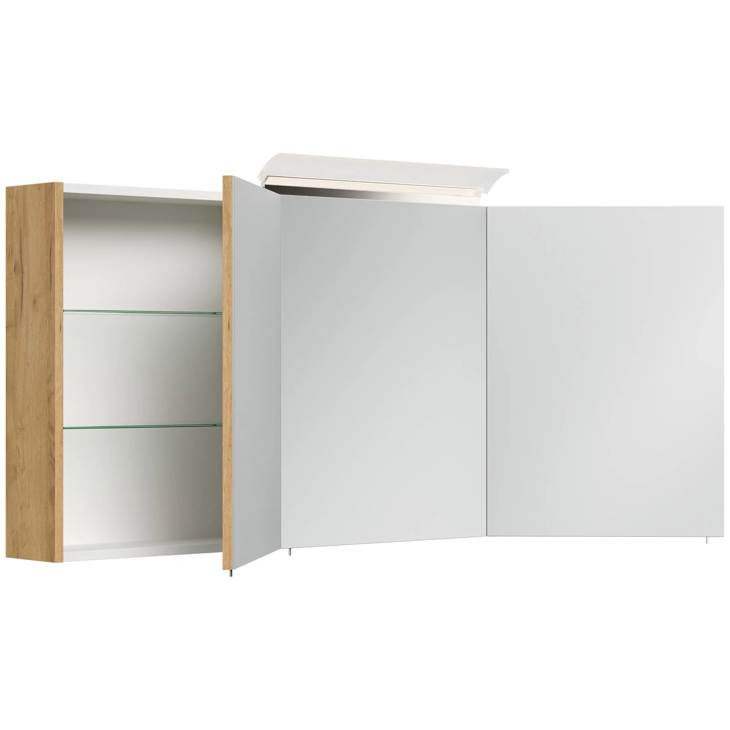 Posseik Spiegelschrank 140 cm Eiche Gold mit LED-Lampe und Glasböden, eine Tür geöffnet.