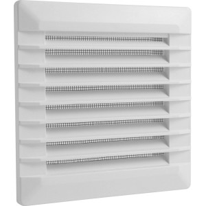 Weißes Marley Lüftungsgitter 140x140 mm für Hohlwände mit Fliegengitter.