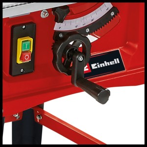 Detailaufnahme der Einhell TC-TS 254 eco Tischkreissäge mit Bedienelementen und Winkelverstellung.