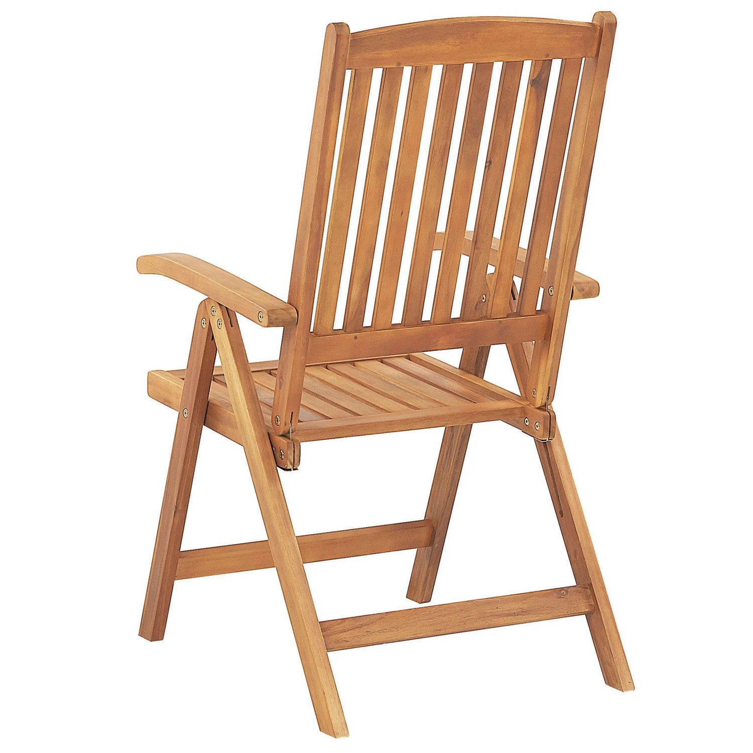 Beliani Gartenstuhl, helle Holzfarbe, blaue Kissen, Rückenansicht. Klappbarer Holzstuhl für Garten oder Balkon.