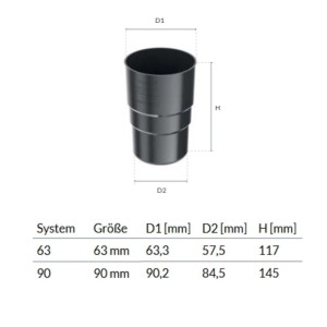Technisches Diagramm des graphitfarbenen Bryza Fallrohrverbinders System 63 mit Maßen für Dachentwässerung.