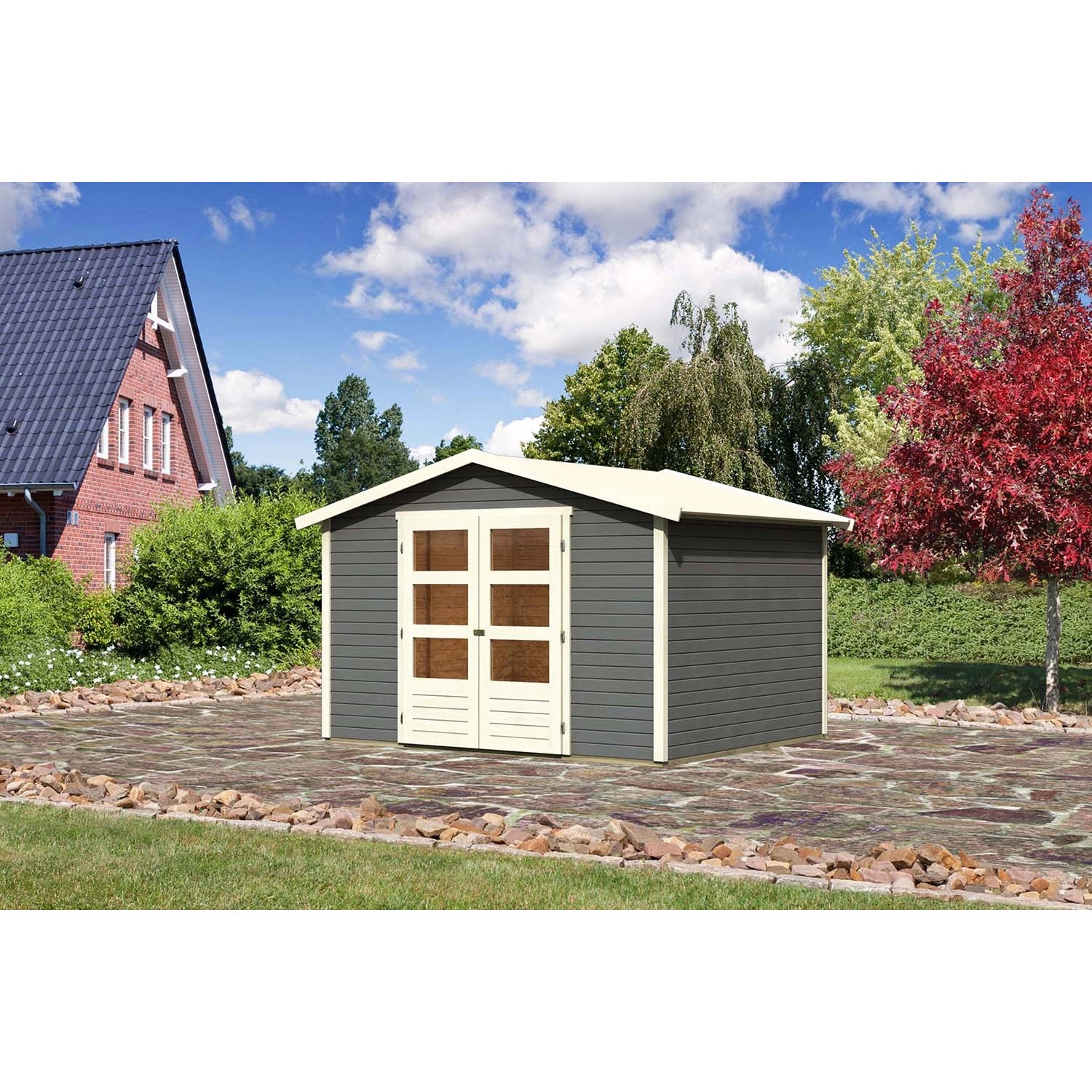 Karibu Holz-Gartenhaus/Gerätehaus Amberg Terragrau Satteldach Lackiert 242 cm x 242 cm